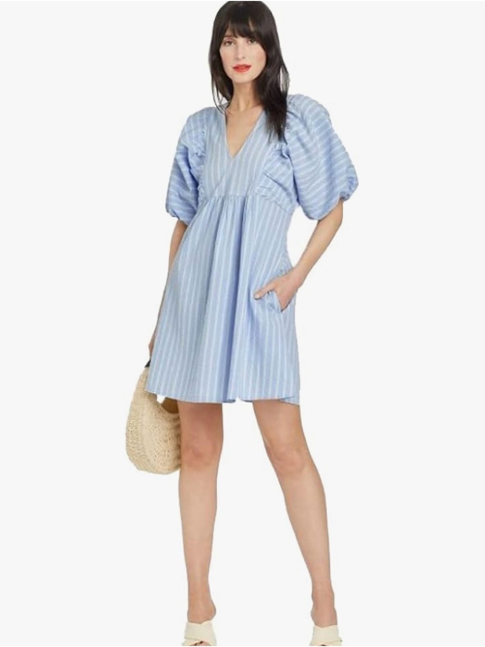 A New Day Blue Flutter Puff Sleeve Striped Dress Size XS